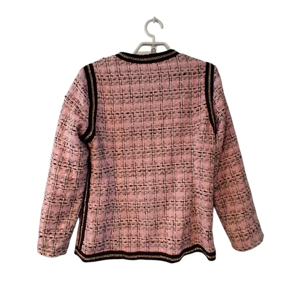 Michael Simon Blazer jacket womens Medium pink black tweed chain plaid